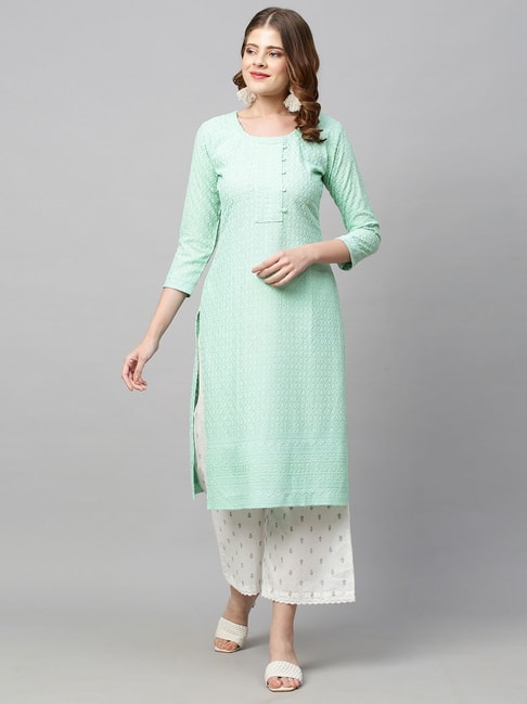 Fashor Mint Green Embroidered Straight Kurta Price in India