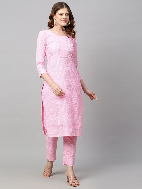 Fashor Pink Embroidered Straight Kurta Price in India