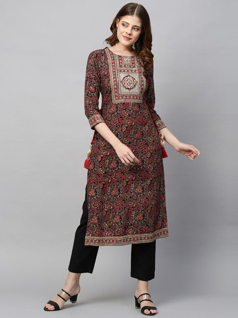 Fashor Black & Red Embroidered Straight Kurta Price in India