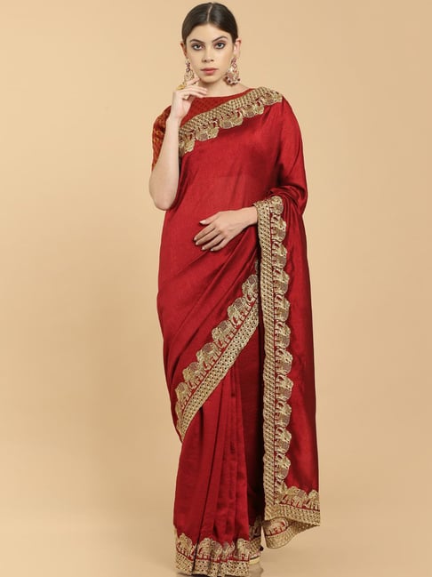 Soch Maroon Embroidered Saree With Unstitched Blouse Price in India