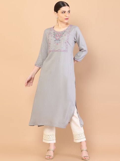 Soch Grey Embroidered Straight Kurta Price in India