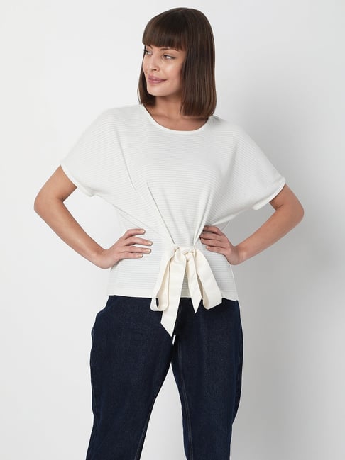 Vero Moda White Self Design Round Neck Top Price in India