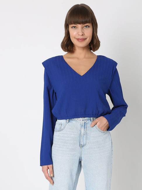 Vero Moda Blue Printed V Neck Top Price in India