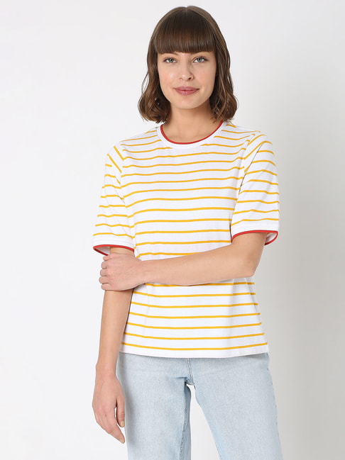 Vero Moda White Striped Round Neck T-Shirt Price in India