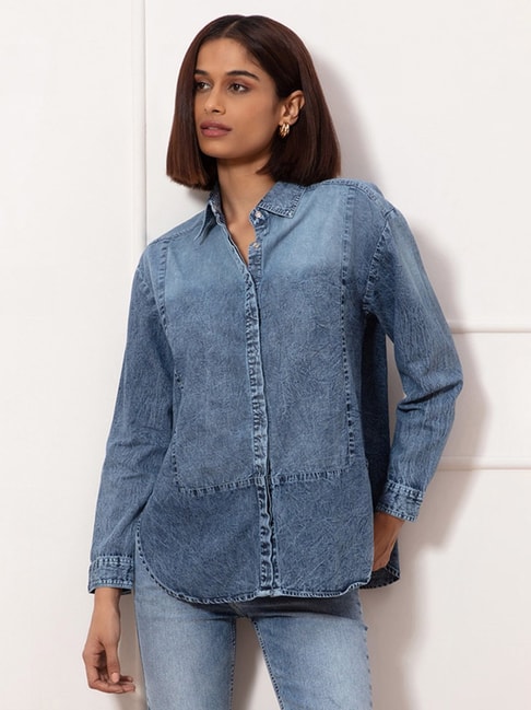 Buy online Blue Solid Denim Shirt from western wear for Women by Trend  Arrest for ₹480 at 70% off | 2024 Limeroad.com