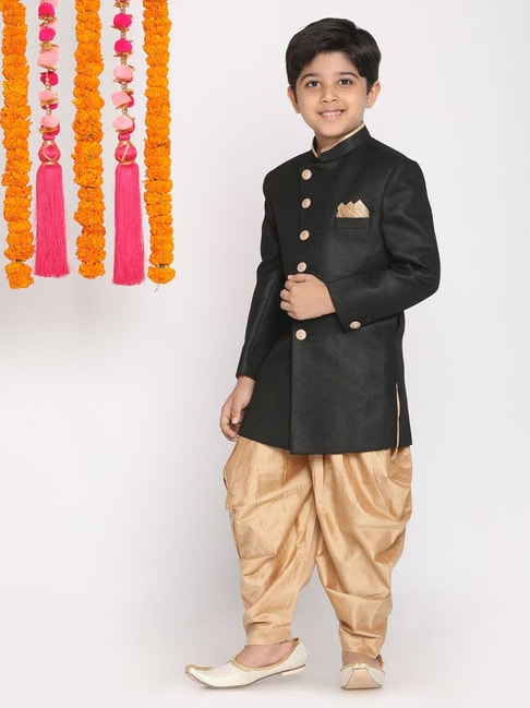 VASTRAMAY Kids Black &amp; Gold Cotton Sherwani Set