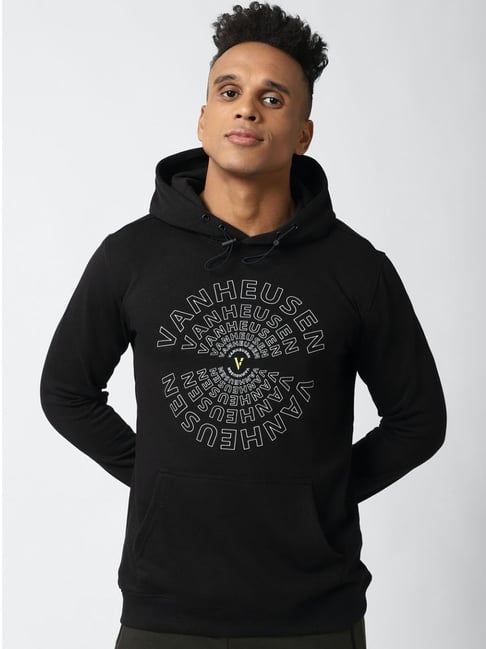 Van Heusen Black Regular Fit Printed Hooded Sweatshirt