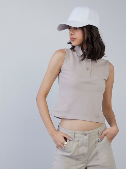 Nuon by Westside Taupe Textured Crop Polo T-Shirt Price in India