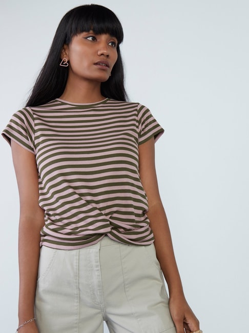 Nuon by Westside Dusty Pink Striped Cropped T-Shirt Price in India