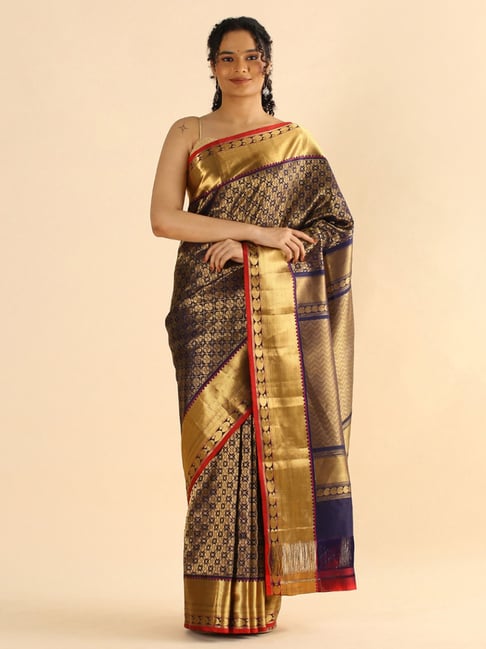 Taneira Blue Silk Woven Kanjivaram Saree With Unstitched Blouse Price in India