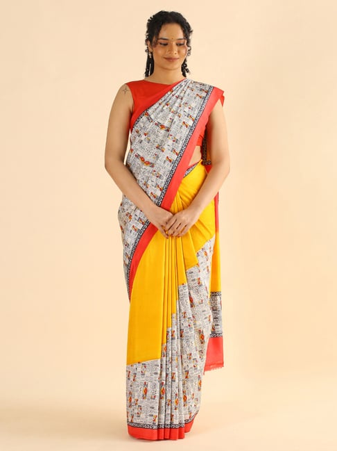 Taneira Yellow Silk Printed Saree With Unstitched Blouse Price in India