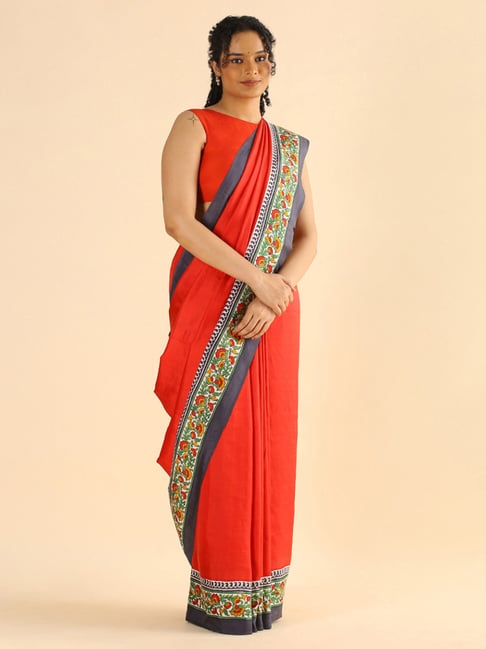 Taneira Red Silk Printed Saree With Unstitched Blouse Price in India