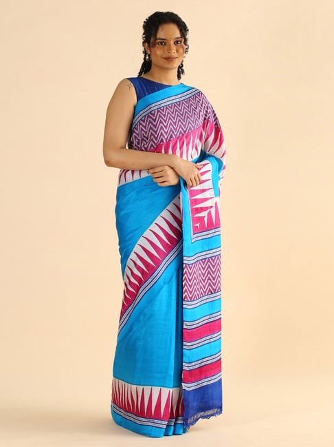 Taneira Blue Silk Printed Saree With Unstitched Blouse Price in India