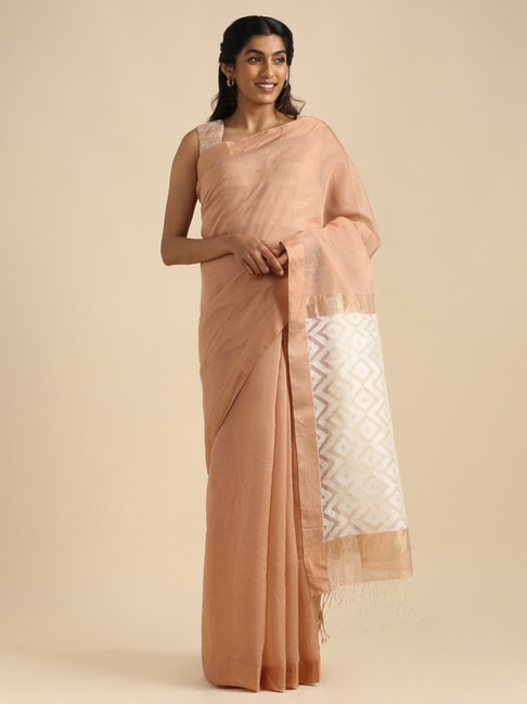 Taneira Beige Silk Cotton Printed Bengal Saree With Unstitched Blouse Price in India