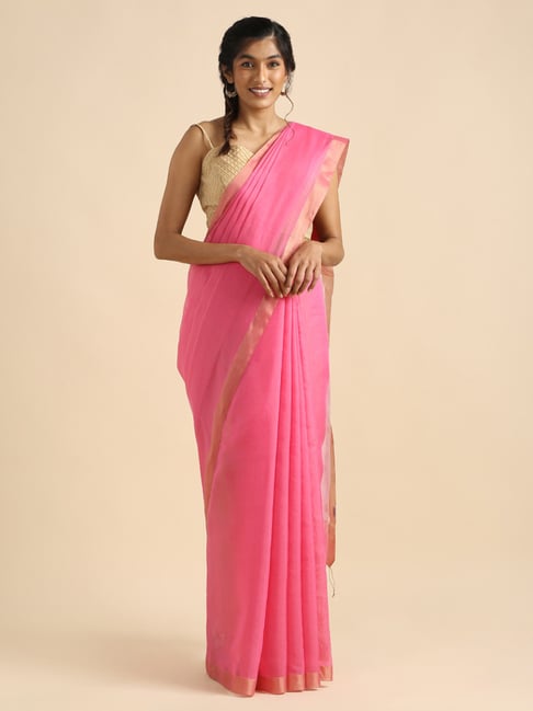 Taneira Pink Silk Cotton Printed Bengal Saree With Unstitched Blouse Price in India