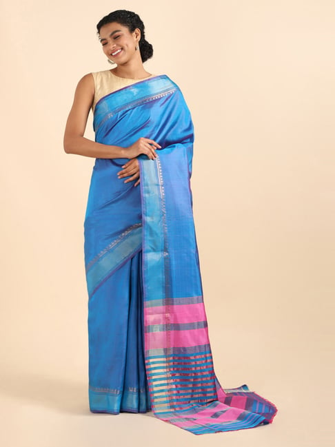 Taneira Blue Silk Woven Saree With Unstitched Blouse Price in India