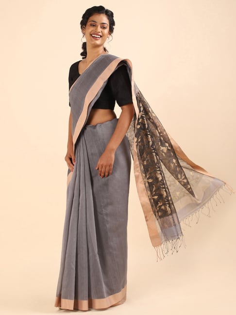 Taneira Grey Silk Cotton Woven Bengal Saree With Unstitched Blouse Price in India