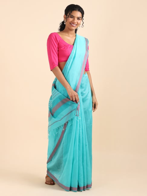 Taneira Blue Silk Cotton Woven Maheswari Saree With Unstitched Blouse Price in India