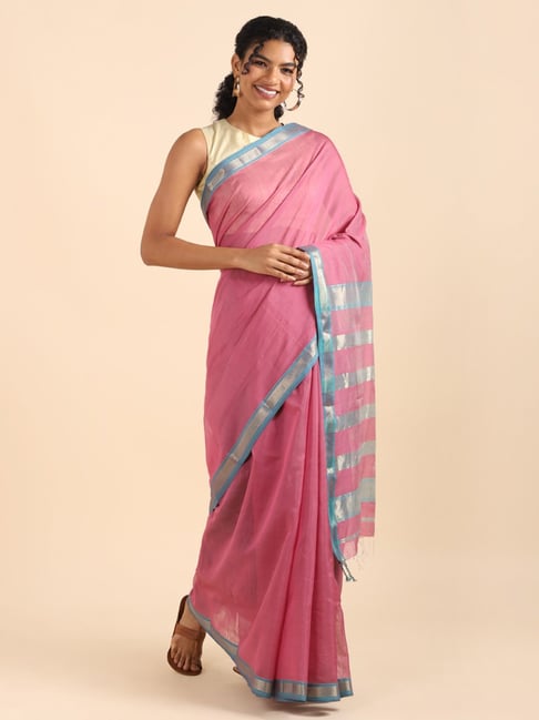 Taneira Pink Silk Cotton Woven Maheswari Saree With Unstitched Blouse Price in India