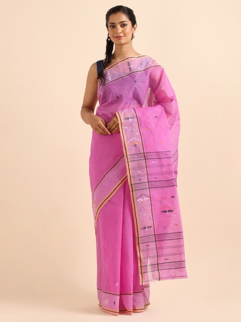 Taneira Pink Cotton Woven Bengal Saree With Unstitched Blouse Price in India