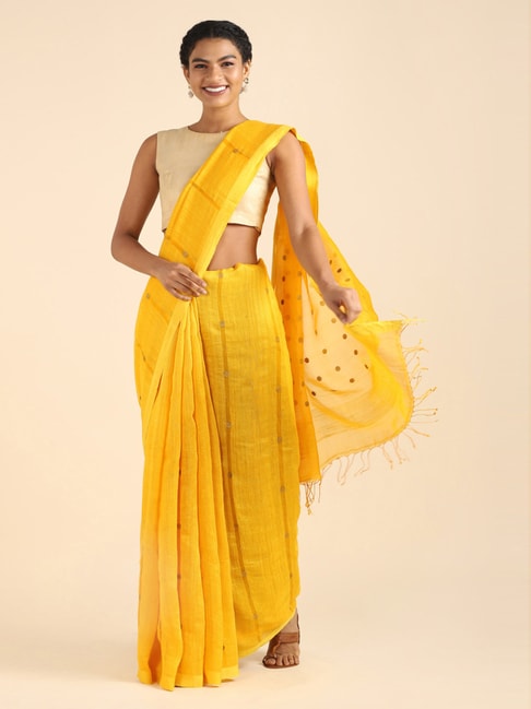 Taneira Yellow Silk Woven Bengal Saree With Unstitched Blouse Price in India