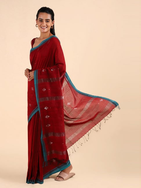 Taneira Red Cotton Woven Bengal Saree With Unstitched Blouse Price in India