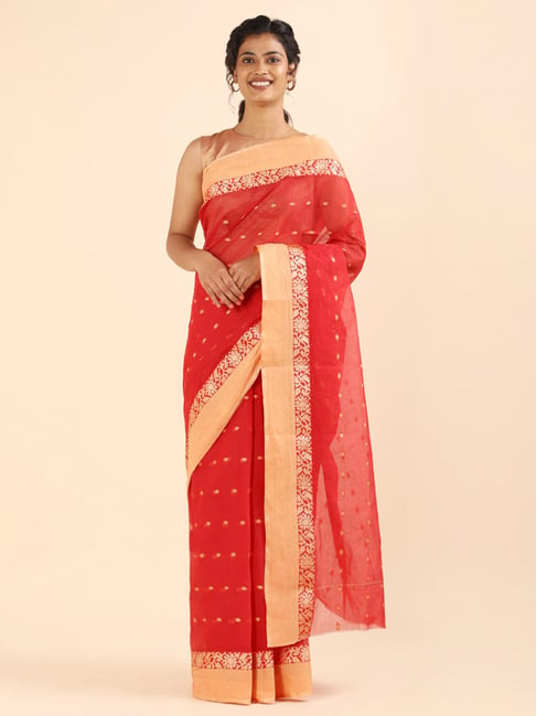 Taneira Red Cotton Woven Bengal Saree With Unstitched Blouse Price in India