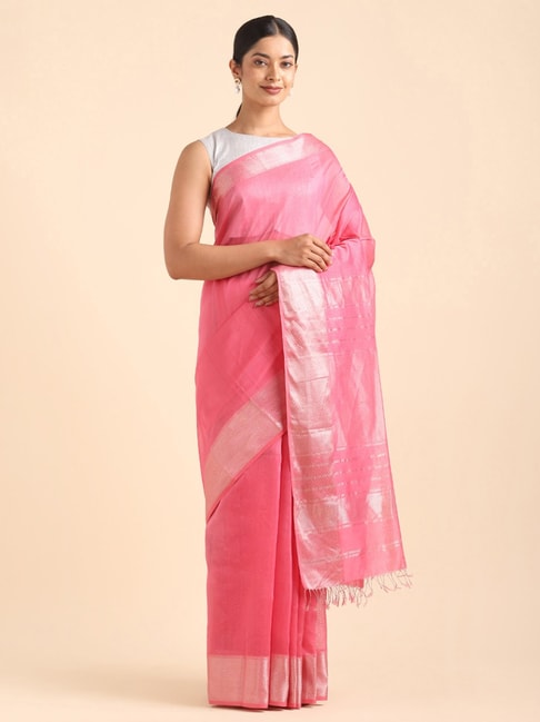 Buy Beige-Pink Handwoven Jute Tussar Silk Jamdani Saree with Temple Border  Online at Jaypore.com