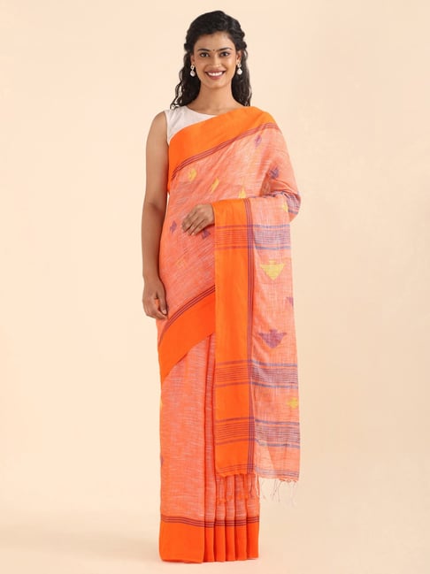Taneira Orange Cotton Woven Bengal Saree With Unstitched Blouse Price in India