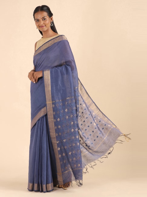 Taneira Purple Linen Woven Bengal Saree With Unstitched Blouse Price in India