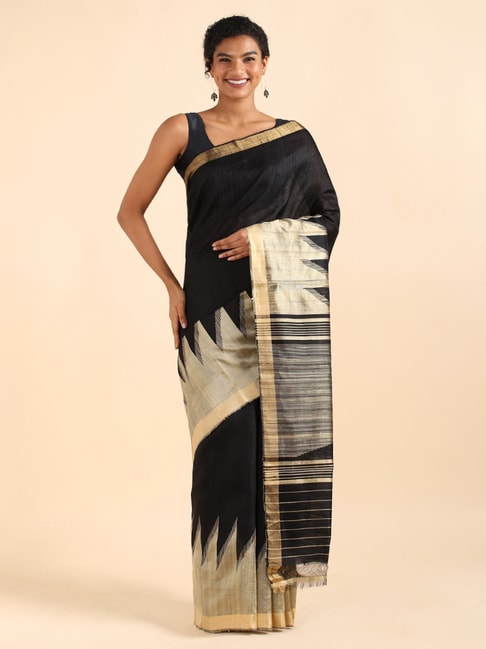 Taneira Black Silk Woven Saree With Unstitched Blouse Price in India