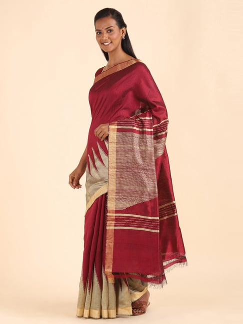 Taneira Maroon Silk Woven Saree With Unstitched Blouse Price in India