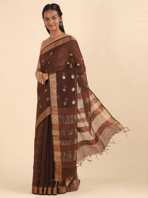 Taneira Brown Linen Woven Bengal Saree With Unstitched Blouse Price in India