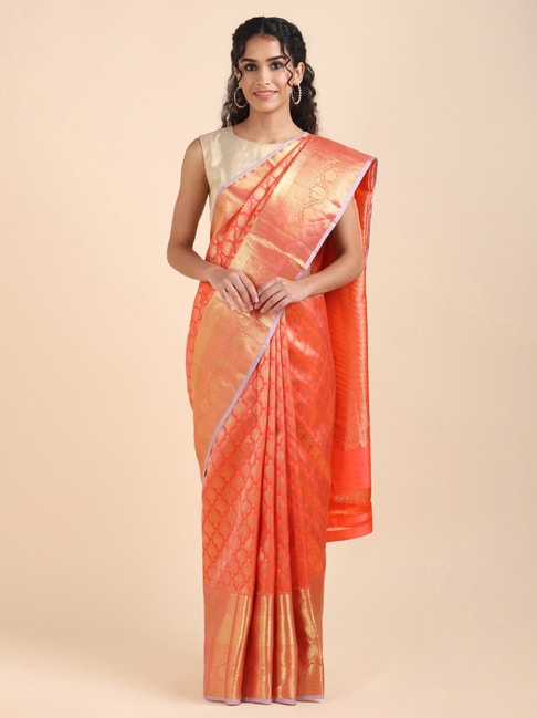 Taneira Orange Silk Woven Kanjivaram Saree With Unstitched Blouse Price in India