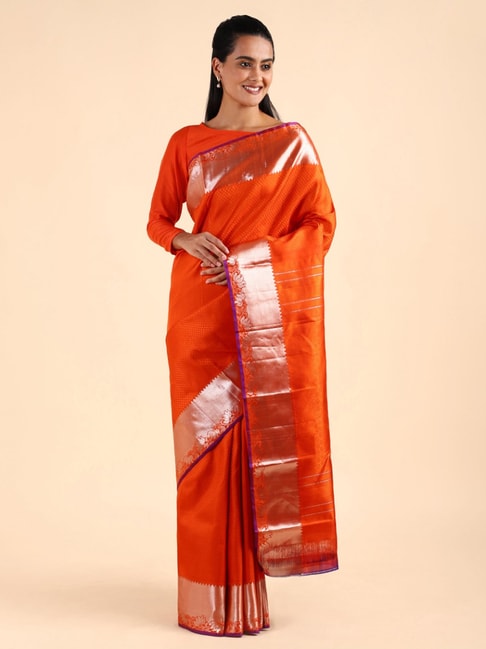 Taneira Orange Silk Woven Kanjivaram Saree With Unstitched Blouse Price in India