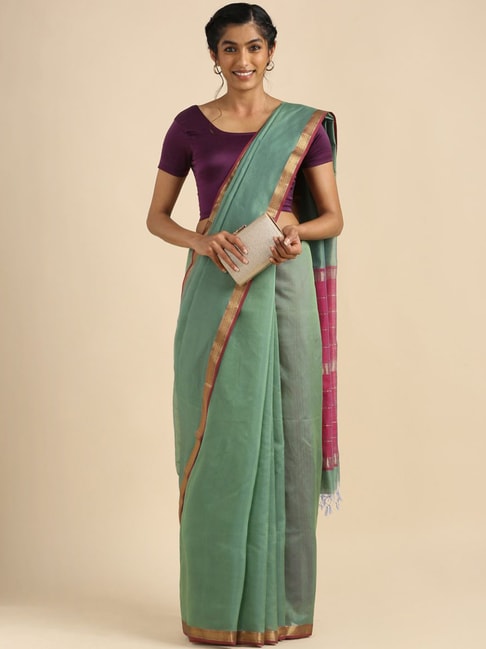 Taneira Green Silk Cotton Woven Maheswari Saree With Unstitched Blouse Price in India