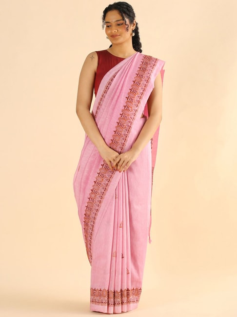 Taneira Pink Linen Embroidered Saree With Unstitched Blouse Price in India