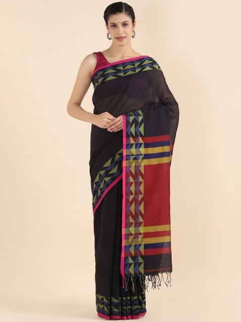 Taneira Black Cotton Woven Jamdani Saree With Unstitched Blouse Price in India