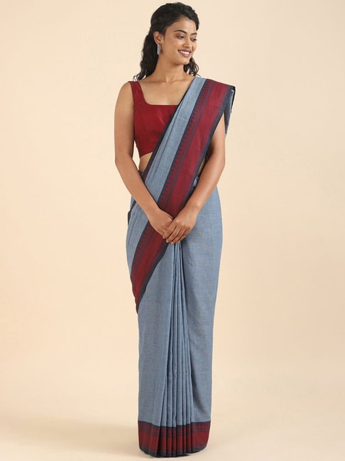 Taneira Blue Cotton Woven Bengal Saree With Unstitched Blouse Price in India