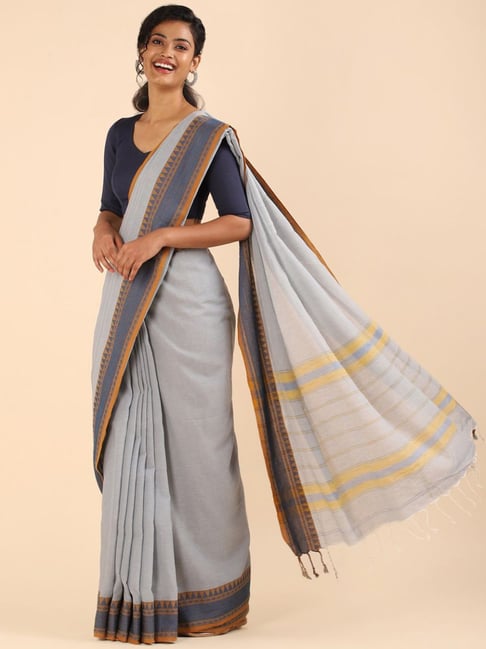 Taneira Grey Cotton Woven Bengal Saree With Unstitched Blouse Price in India