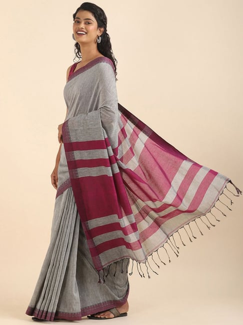Taneira Grey Cotton Woven Bengal Saree With Unstitched Blouse Price in India