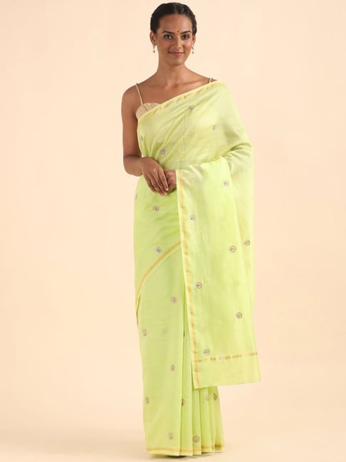 Taneira Green Silk Cotton Woven Zardozi Saree With Unstitched Blouse Price in India