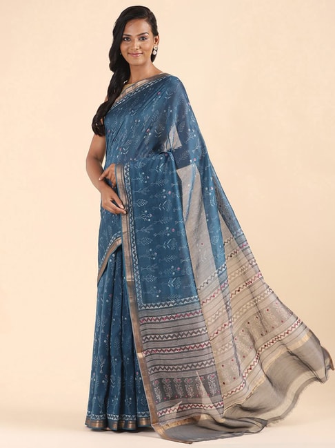 Taneira Blue Silk Cotton Woven Saree With Unstitched Blouse Price in India