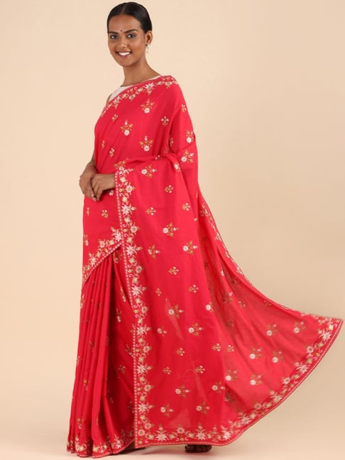 Taneira Red Cotton Embroidered Saree With Unstitched Blouse Price in India