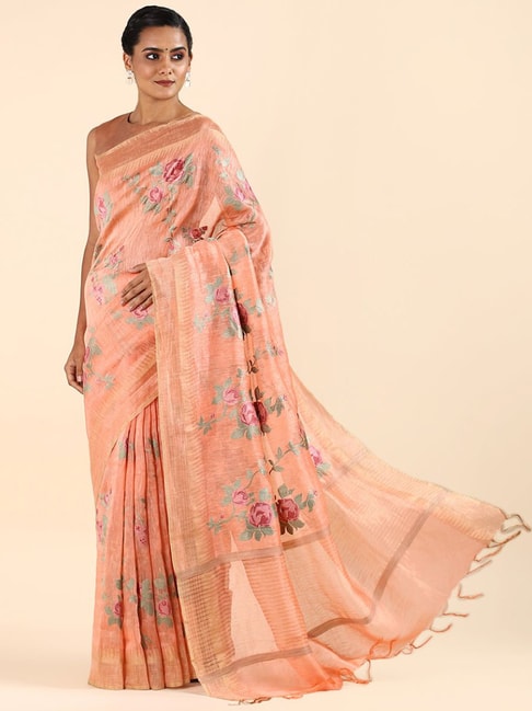 Taneira Orange Linen Woven Saree With Unstitched Blouse Price in India