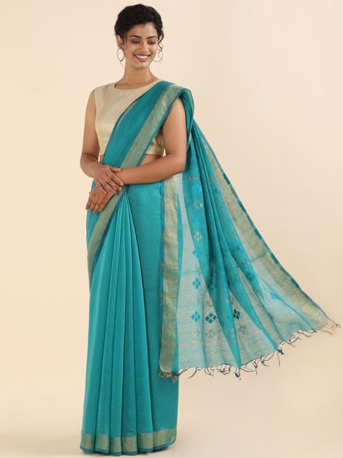 Taneira Blue Linen Woven Bhagalpuri Saree With Unstitched Blouse Price in India