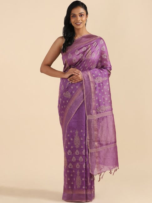 Taneira Purple Linen Woven Saree With Unstitched Blouse Price in India