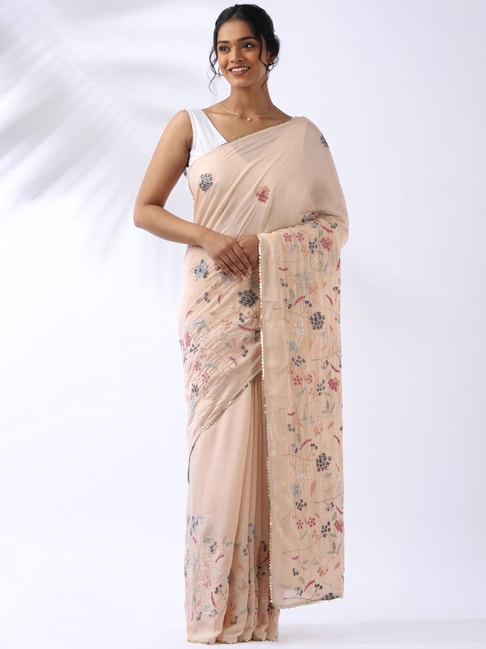 Taneira Beige Embroidered Saree With Unstitched Blouse Price in India