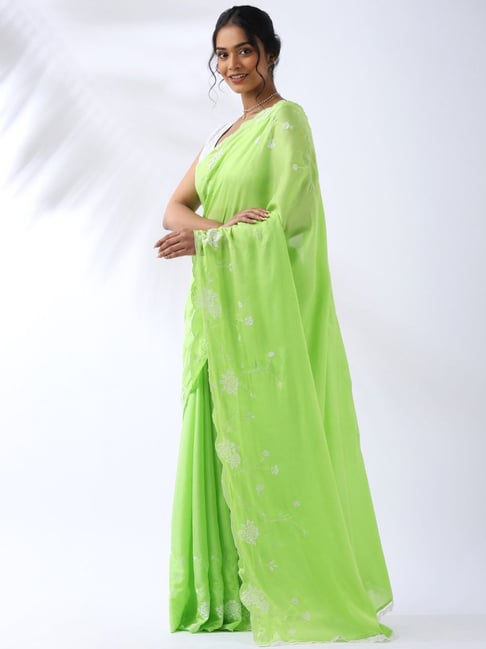 Taneira Green Embroidered Saree With Unstitched Blouse Price in India