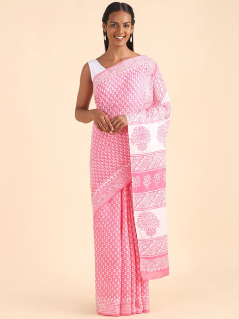 Taneira Pink Cotton Printed Sanganeri Saree With Unstitched Blouse Price in India